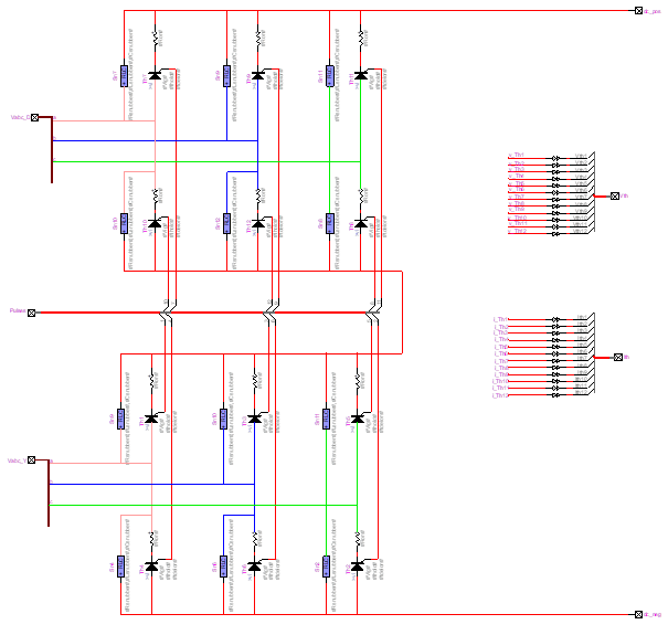 EMTP® model of 12-pulse LCC converter. Each thyristor switch is paired with an RLC snubber.