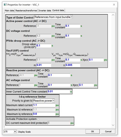 Menu of the EMTP® built-in inverter model – Control data tab
